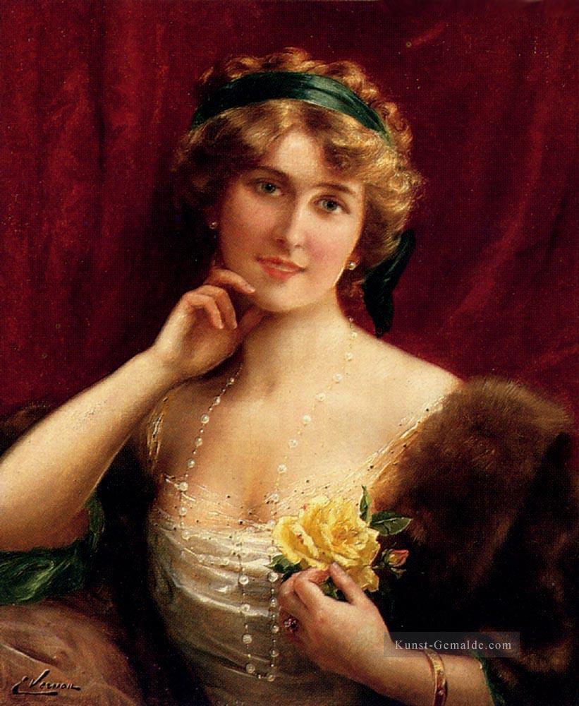 Eine elegante Dame mit einem gelben Rose Mädchen Emile Vernon Ölgemälde